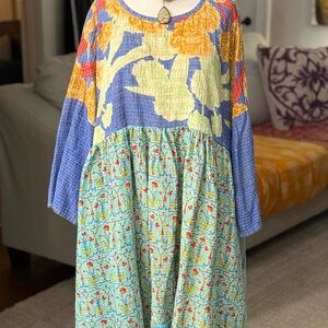 Karma Floral Patchwork Dress with Blue and Yellow Accents